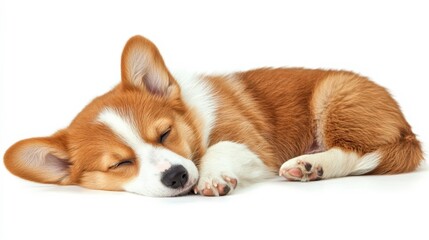 Fluffy Corgi Puppy Sleeping on White Background