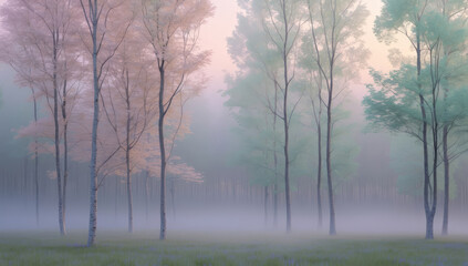 Fototapeta premium serene landscape featuring tall trees with soft pastel foliage, surrounded by gentle mist. ethereal atmosphere creates tranquil and dreamlike scene, perfect for nature lovers