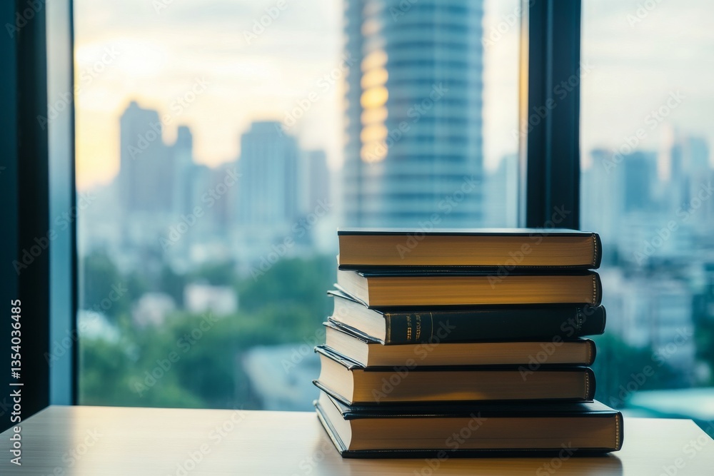 Poster a stack of books on a table with a city skyline in the background.