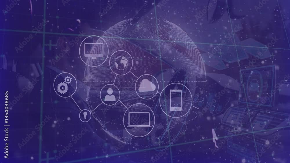 Poster digital network icons connected over globe and technology background animation