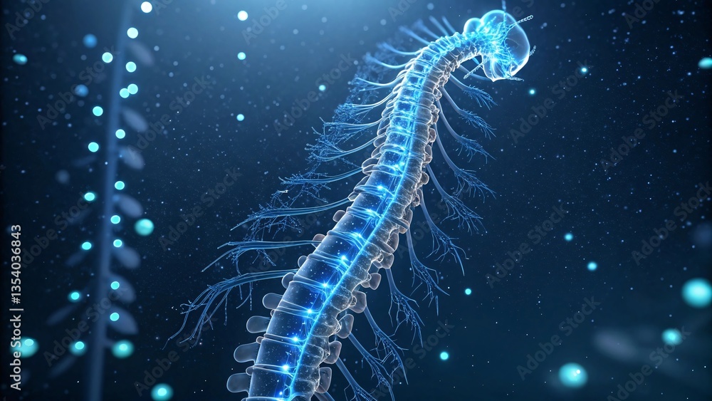 Poster spine with neural network: illustrative image of a human spine highlighting its complex neural netwo