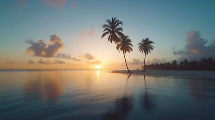 Tropical Sunrise: Palm Trees on Serene Beach.