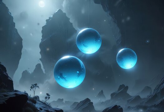 Ethereal blue misty atmosphere with glowing aether orbs suspended in mid-air , glowing orbs, clouds
