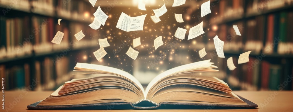 Aufkleber an open book with floating pages in a library, symbolizing knowledge and imagination.