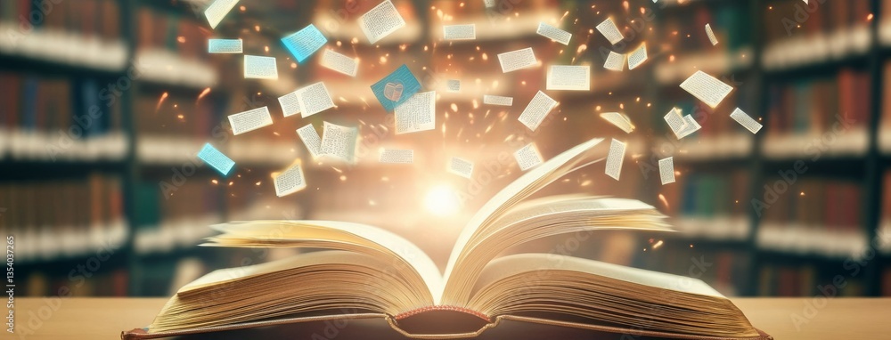 Aufkleber an open book with floating pages and light, symbolizing knowledge and imagination.