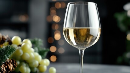 Crisp white wine glass, festive background