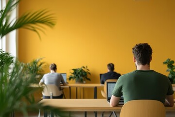 vibrant coworking space featuring professionals of diverse backgrounds working on laptops at shared desks surrounded