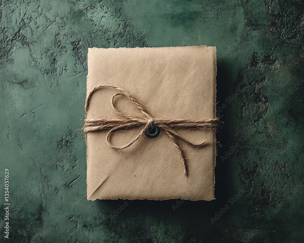 Poster Beige paper package tied with twine bow on dark green textured background Mockup for text or message