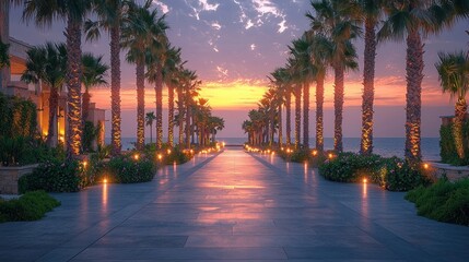 Naklejka premium Sunrise Path to Ocean, Palm-Lined Resort Walkway