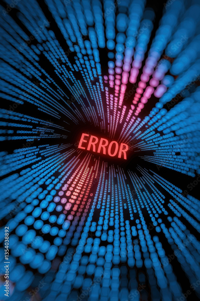 Poster digital error message in vibrant blue and red visuals representing technology glitches and frustrati