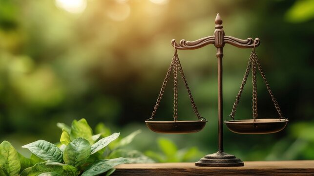 Dark bronze scale of justice positioned elegantly on wooden surface with lush green foliage and dd sunlight creating a serene background atmosphere