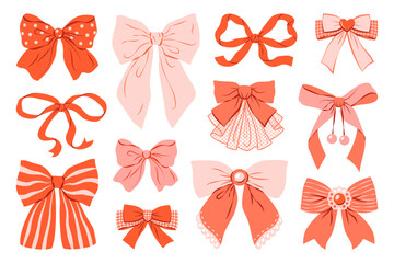 Cute pink and red ribbon bow collection. Trendy hair braiding accessory. Perfect for festive packaging and birthday designs, greeting cards. Hand drawn vector illustration.