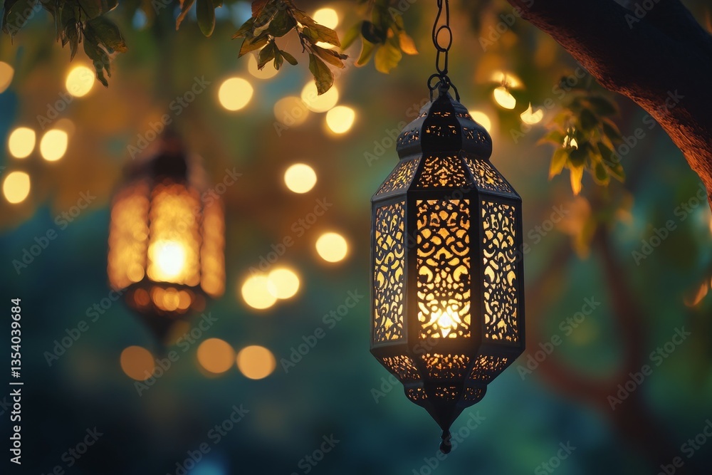 Poster ornate lanterns illuminate a serene outdoor setting with soft bokeh lights.