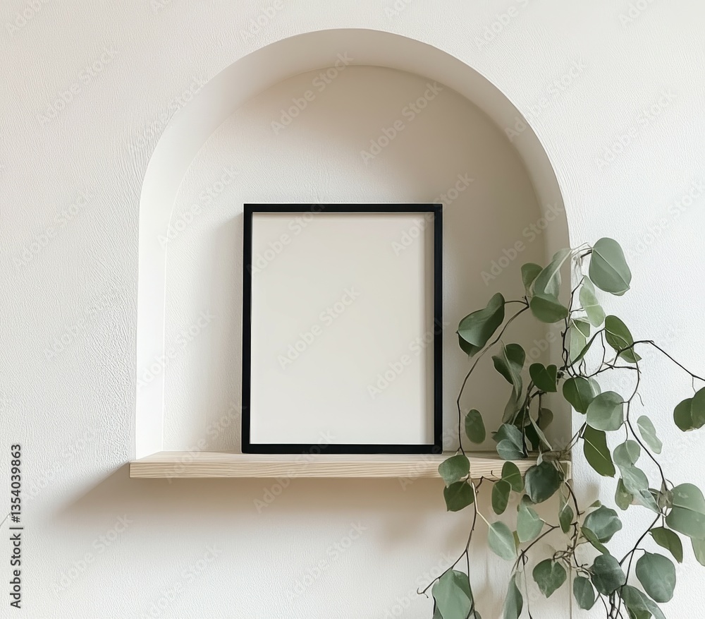 Poster a minimalist display featuring a blank frame on a shelf with a plant beside it.