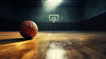 A basketball on the wooden floor of an empty gym, a spotlight shining down from the top-left corner, the lighting cinematic, moody, and high-contrast.