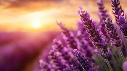 Obraz premium Majestic lavender fields stretch endlessly under a pastel sunset sky