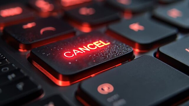 A close-up image of a backlit keyboard displaying the word "CANCEL" in red light.