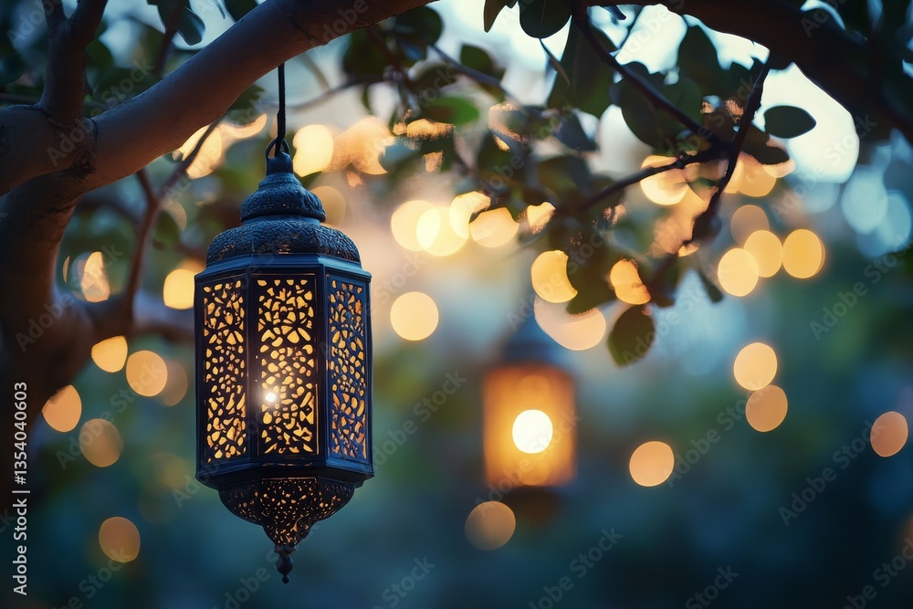 Aufkleber a beautifully illuminated lantern hanging from a tree branch, surrounded by soft bokeh lights.