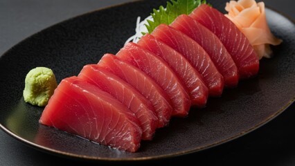 A beautifully presented plate of fresh tuna sashimi with sides.
