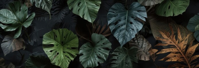 Exotic leaves with mysterious patterns on a dark background, night scene, botanical