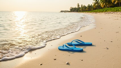 A tranquil beach scene featuring blue flip-flops by the water.