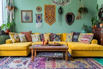 Modern Home Interior. Trendy Living Room with Vibrant Colors, Decorative Pillows, and Elegant Furniture. Cozy and Stylish Home Decor Concept with Copy Space.