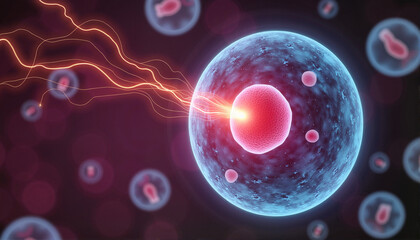 Microscopic view of an energized cell with electric sparks for scientific studies, educational content, healthcare presentations, biology blogs, research papers, and medical illustrations