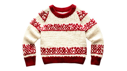 A children's Christmas sweater with red patterns, in a cream and red color scheme isolated on a transparent background