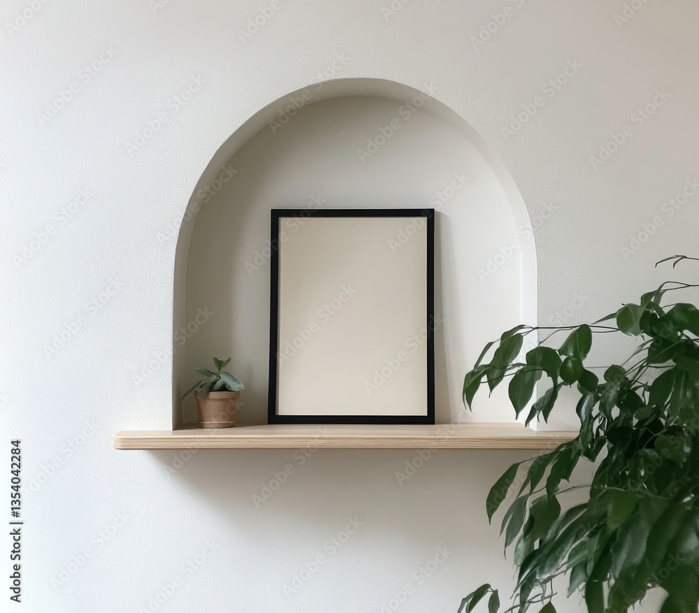 Aufkleber a minimalist shelf with a blank frame and a small plant in an archway niche.