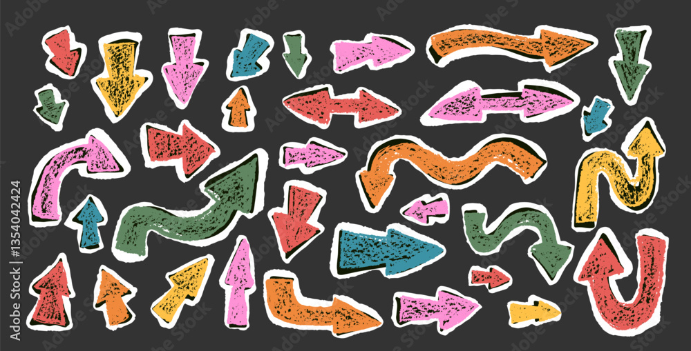 Poster arrow collage set crayon drawing pointers isolated. navigation path colorful marks. scribble doodle 