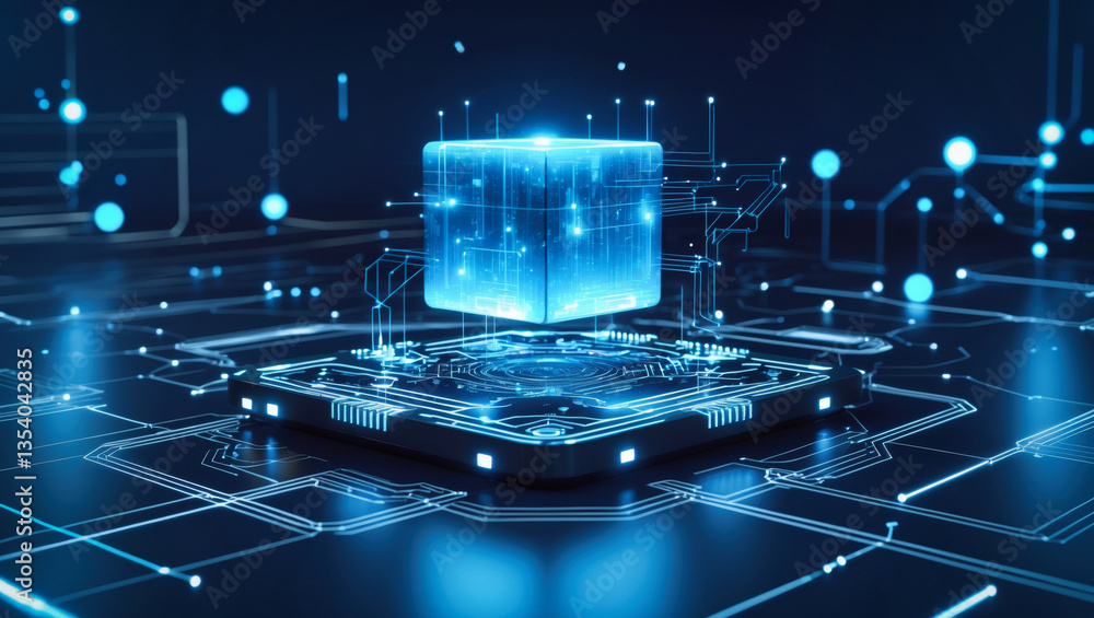 Poster a futuristic, high tech scene featuring a central glowing cube, suspended above a circuit platform. 