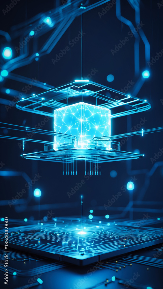 Poster a futuristic, high tech scene featuring a central glowing cube, suspended above a circuit platform. 