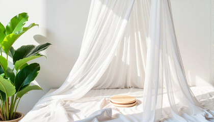 Indoor setting with sheer curtains and green plant for home decor blogs, websites, lifestyle magazines, stationery design, interior inspiration, and relaxation-themed illustrations