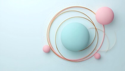 Geometric spheres and circles arranged on a pastel color background