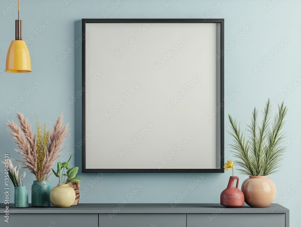 Aufkleber a minimalist display featuring a blank frame and decorative plants on a console table.