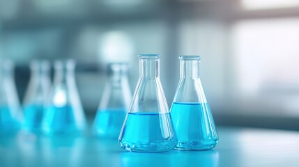 Clear laboratory glassware filled with vibrant blue liquid, arranged in a bright and modern scientific workspace with blurred background