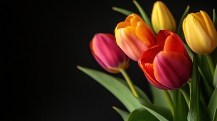 Naklejka premium Vibrant Tulips in Assorted Colors Against a Dark Background Showcasing the Beauty of Nature and Floral Elegance for Home Decor and Design Projects