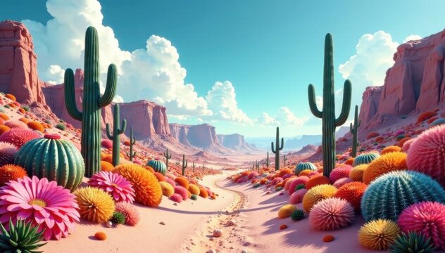 Fantastical desert landscape with surreal cacti and vibrant flowers, surreal, flowers