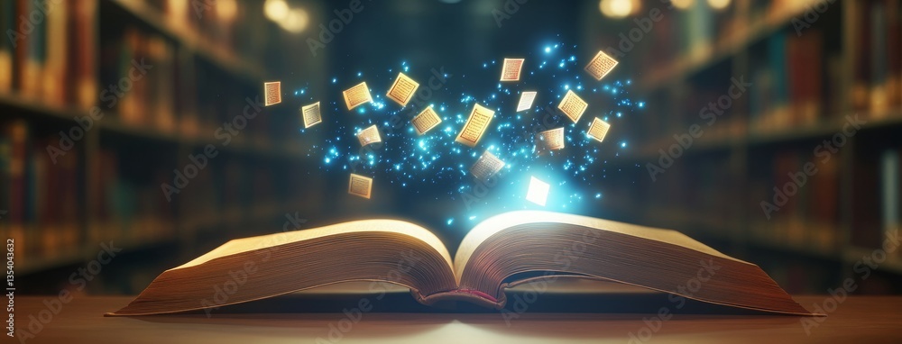 Aufkleber an open book with glowing letters and sparkles, set in a library background.
