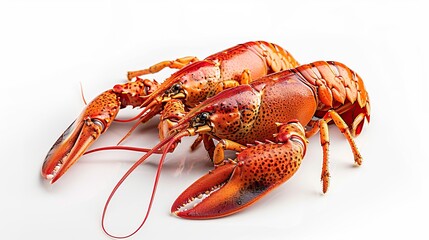 lobster photo with white background, The photo looks fresh and realistic with bright orange claws and white underside, showing its natural and culinary beauty.