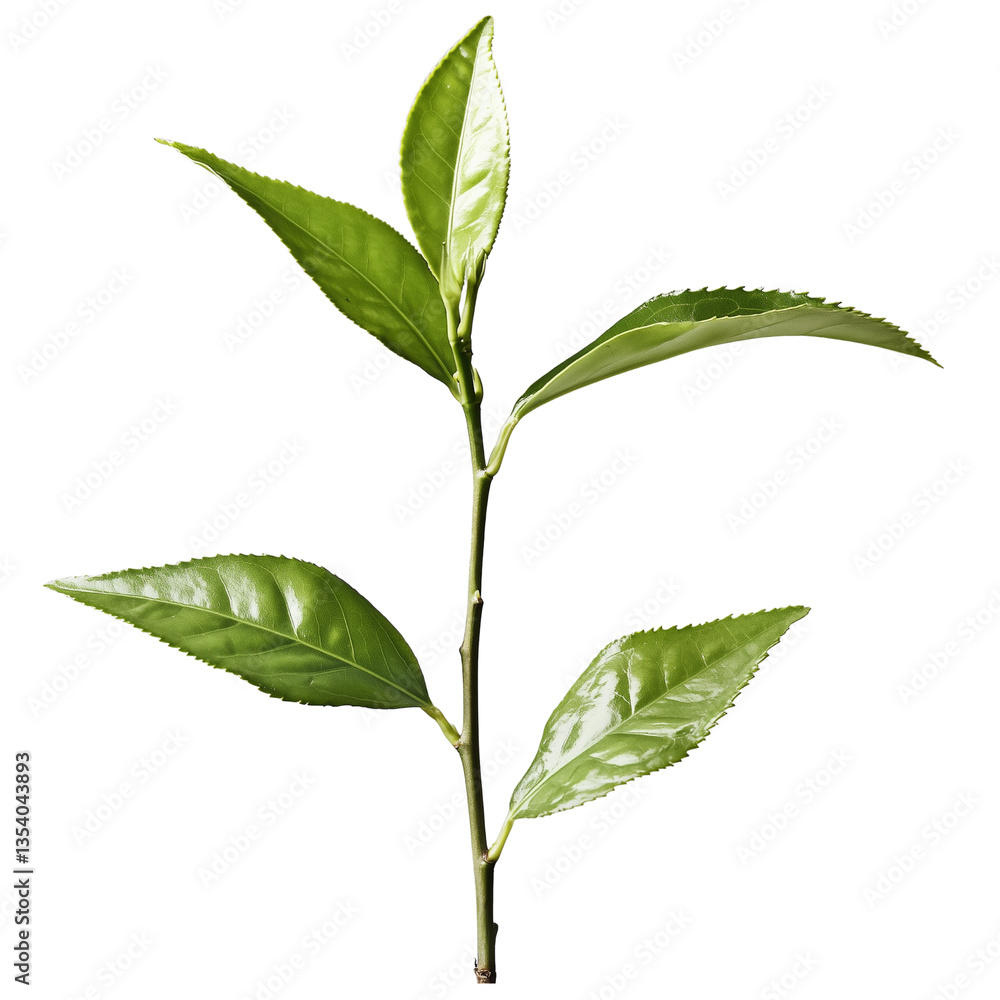 Poster a single green tea leaf stem with multiple leaves showcasing its vibrant color and glossy texture. i