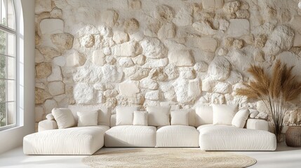 Bright modern living room features a stone wall and sectional