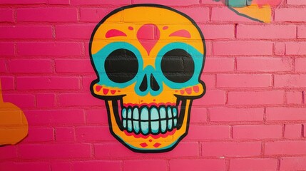 Vibrant Sugar Skull Mural on Pink Wall Celebrating Day of the Dead with Bright Colors, Artistic Expression and Cultural Heritage Elements