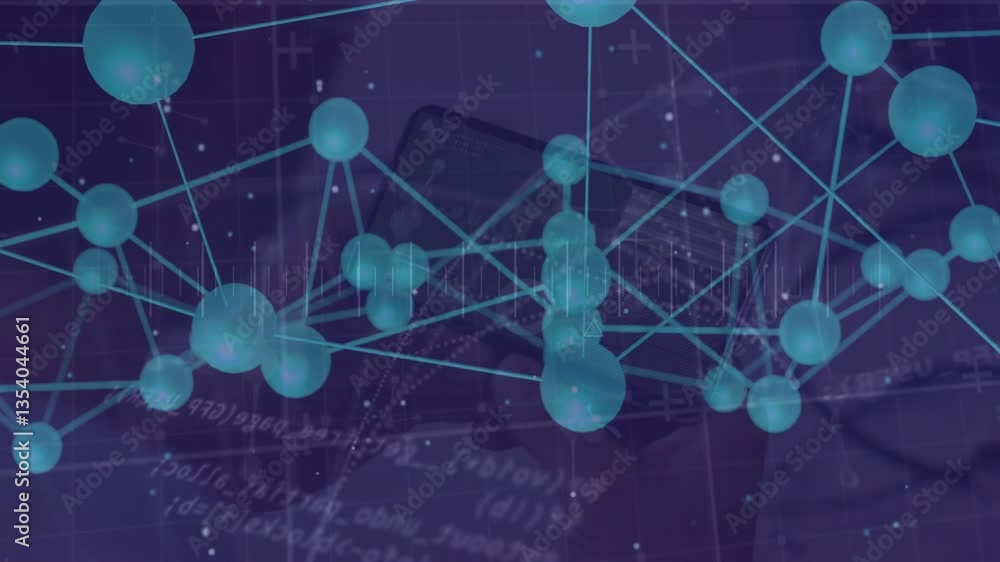 Poster network of connections and data processing animation over smartphone and graphs