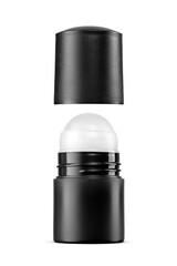 Black open plastic roll-on antiperspirant deodorant bottle isolated. Transparent PNG image.