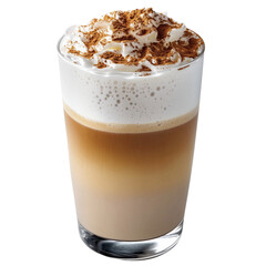A creamy layered coffee beverage topped with whipped cream and cocoa, served in a clear glass, showcasing its appealing textures and colors. isolated on white background and transparent background