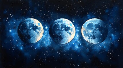 Fototapeta premium Delicate Watercolor Moon Phases with Soft Stars
