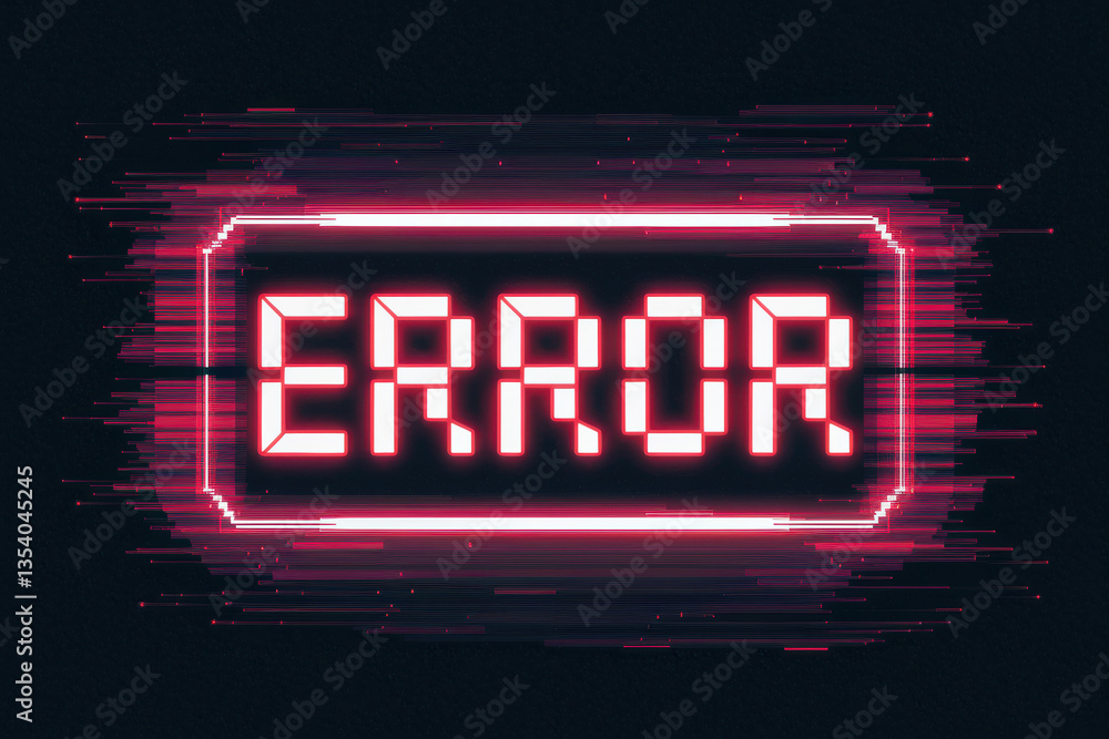 Poster digital error notification in bright neon colors with glitch effects on dark background