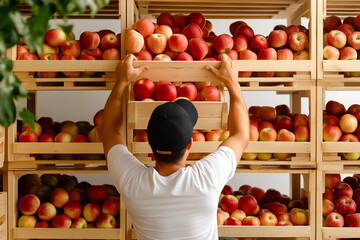Man organizing wooden crates of vibrant red apples in a well-lit market environment. Clean space with shelves filled with fresh produce. Concept of agriculture, local markets, healthy eating