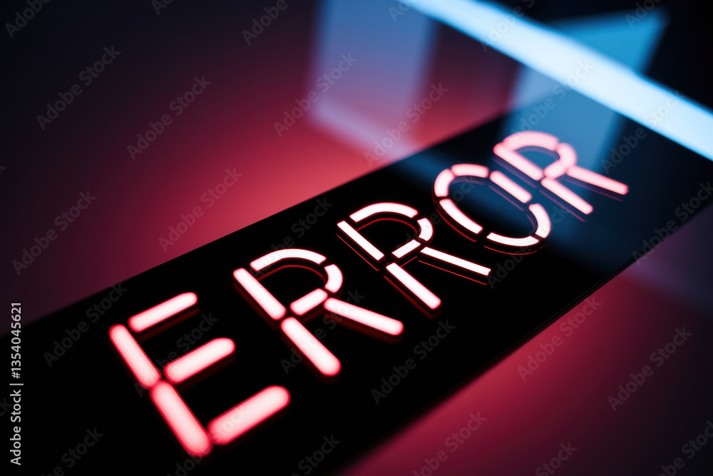 Poster high-tech glitch: neon red error sign illuminating dark digital space with futuristic vibes